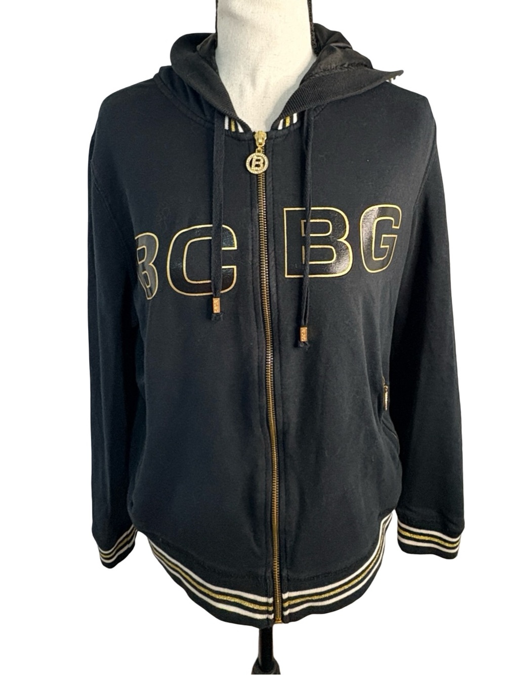 BCBG Black Gold Logo Varsity Full Zip Hoodie Y2K McBling